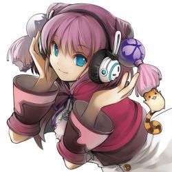 Rule 34 | 1girl, animal, blue eyes, character request, female focus, game arts, grandia, grandia online, hair ornament, headphones, kawasumi (japonica), looking at viewer, official art, purple hair, simple background, solo, white background