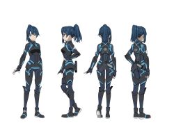 Rule 34 | 1girl, ass, black bodysuit, black footwear, blue bodysuit, blue eyes, blue gloves, blue hair, bodysuit, breasts, character sheet, clenched hand, egao no daika, from behind, from side, full body, gloves, gluteal fold, grey footwear, gun, gun request, hair ornament, hairclip, highres, kneepits, looking at viewer, medium breasts, mole, mole under eye, multiple views, nakamura naoto, official art, open hand, parted lips, pilot suit, ponytail, profile, sideways mouth, simple background, smile, standing, stella shining, weapon, white background