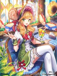 Rule 34 | 1girl, blonde hair, blush, bonnet, breasts, chair, company name, copyright name, crab, crossed legs, food, fruit, glint, green eyes, indoors, large breasts, looking at viewer, medium hair, napkin, official art, parted lips, phonograph, plant, school uniform, serafuku, sila (carpen), sitting, smile, table, tenka touitsu chronicle, thighhighs, twitter username, white thighhighs, wooden table