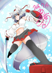 Rule 34 | 1girl, animal ears, ayakase riberi, black thighhighs, breasts, dated, detached sleeves, female focus, geta, gradient background, hat, inubashiri momiji, large breasts, looking at viewer, midriff, navel, pom pom (clothes), red eyes, shield, short hair, signature, silver hair, skirt, solo, sword, tail, thighhighs, tokin hat, touhou, weapon, wolf ears, wolf tail