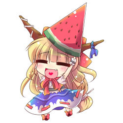 Rule 34 | 1girl, = =, arms up, bow, chibi, enjoy mix, fang, female focus, food, fruit, heart, heart in mouth, horns, ibuki suika, long hair, lowres, name connection, object on head, orange hair, simple background, solo, touhou, very long hair, watermelon