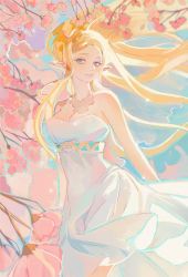 Rule 34 | 1girl, bare arms, blonde hair, blue eyes, breasts, cherry blossoms, cleavage, cowboy shot, dress, flower, hatenokatasumi, long dress, long hair, looking at viewer, medium breasts, nintendo, outdoors, parted bangs, parted lips, pink flower, pointy ears, princess zelda, solo, strapless, strapless dress, the legend of zelda, the legend of zelda: breath of the wild, white dress