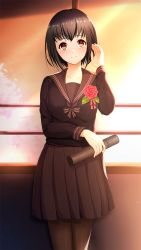 Rule 34 | 1girl, black hair, black pantyhose, black shirt, black skirt, brown eyes, brown sailor collar, closed mouth, collared shirt, doukyuusei, doukyuusei another world, dusk, flower, game cg, holding, indoors, long sleeves, looking at viewer, miniskirt, official art, orange sky, pantyhose, pink flower, pink rose, pleated skirt, rose, sailor collar, sailor shirt, saitou ako, shiny clothes, shiny legwear, shirt, short hair, skirt, sky, smile, solo, standing, sunlight