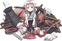 Rule 34 | armor, blush, cannon, fang, fingerless gloves, flag, gloves, grey eyes, hat, inuyama (oshiro project), isegawa yasutaka, long hair, looking at viewer, official art, open mouth, oshiro project:re, silver hair, sitting, solo, transparent background, white flag