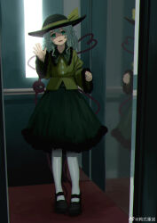 Rule 34 | 1girl, black footwear, black hat, blouse, buttons, commentary, diamond button, frilled shirt collar, frilled skirt, frilled sleeves, frills, full body, green eyes, green hair, green skirt, hair between eyes, hat, hat ribbon, heart, heart of string, highres, komeiji koishi, long hair, long sleeves, looking at viewer, pantyhose, parted lips, reflection, ribbon, shirt, shoes, skirt, smile, solo, standing, symbol-only commentary, third eye, touhou, waving, weibo logo, weibo watermark, white pantyhose, wide sleeves, xii yashizhongzhan, yellow ribbon, yellow shirt