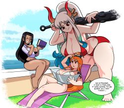 Rule 34 | 3girls, ass, beach chair, bent over, bikini, black hair, breast shadow, breasts, club, club (weapon), curled horns, dark-skinned female, dark skin, food, fruit, green hair, hair ornament, highres, horns, huge breasts, kanabou, large breasts, long hair, multicolored hair, multicolored horns, multiple girls, nami (one piece), nico robin, ocean, one piece, orange (fruit), orange horns, over shoulder, red bikini, red eyes, red horns, shadow, shoulder tattoo, sitting, smile, spiked club, standing, sunbathing, superspoe, swimsuit, tattoo, thick thighs, thighs, weapon, white bikini, white hair, yamato (one piece)