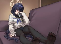 Rule 34 | 1girl, black pantyhose, blue archive, blue eyes, blue hair, blush, book, breasts, cardigan, couch, crotch seam, embarrassed, eyebrows hidden by hair, feet, foreshortening, hairband, halo, highres, indoors, jewelry, kekek, long hair, looking away, necklace, no pants, off shoulder, panties, panties under pantyhose, pantyhose, sailor collar, sailor shirt, shirt, sidelocks, sleeves past wrists, small breasts, solo, toes, turtleneck, ui (blue archive), underwear, very long hair