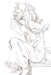 Rule 34 | 1girl, barefoot, blush, bonnet, book, dress, female focus, frills, greyscale, hat, long hair, monochrome, open book, patchouli knowledge, profile, reading, sin-go, sitting, sketch, solo, stairs, touhou