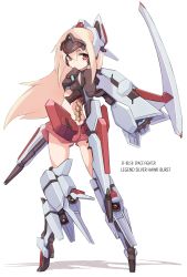 Rule 34 | 1girl, ass, back, blonde hair, boots, butt crack, darius (series), darius burst, from behind, headgear, highres, karukan (monjya), long hair, looking at viewer, looking back, mecha musume, mechanical arms, mechanical spine, personification, red eyes, ship, skirt, solo, standing, ti2, very long hair, watercraft