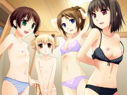 Rule 34 | 4girls, black bra, black panties, bow, bow bra, bow panties, bra, breasts, chuablesoft, everyone, flat chest, game cg, ginta, honmi rin, lingerie, medium breasts, multiple girls, nanjouji yumeji, navel, nipples, panties, purple bra, purple panties, saotome tsukasa, short hair, small breasts, source request, striped clothes, striped panties, sugar+spice!, topless, umino sachi (sugar+spice!), underwear, underwear only, undressing, white panties