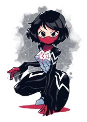 Rule 34 | 1girl, absurdres, black eyes, black hair, bodysuit, breasts, commentary, english commentary, full body, highres, looking at viewer, marvel, mask, medium breasts, mouth mask, rariatto (ganguri), short hair, silk, silk (marvel), solo, spider-man (series), spider web, spider web print, squatting, superhero costume, swept bangs, twitter username