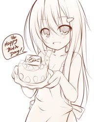 Rule 34 | 1girl, apron, blush, cake, food, hair ornament, hairclip, happy birthday, lethe-shion, long hair, monochrome, simple background, smile, solo, white background