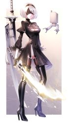 Rule 34 | 1girl, android, black dress, boots, breasts, dress, feather-trimmed sleeves, hairband, high heel boots, high heels, highres, large breasts, legs, nier (series), nier automata, polearm, puffy sleeves, short hair, silver hair, solo, square enix, thigh boots, thighhighs, thighs, weapon, yorha no. 2 type b
