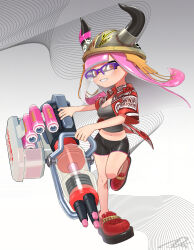 Rule 34 | 1girl, bike shorts, breasts, cleavage, commentary, commission, cropped shirt, fake horns, full body, glasses, grey background, heavy edit splatling (splatoon), helmet, highres, holding, holding weapon, horned headwear, horns, inkling, inkling girl, inkling player character, long hair, medium breasts, midriff, navel, nintendo, open clothes, open shirt, pink hair, print shirt, puchiman, purple-framed eyewear, red eyes, red footwear, red shirt, shirt, signature, smile, solo, splatoon (series), splatoon 3, standing, standing on one leg, teeth, tentacle hair, v-shaped eyebrows, weapon