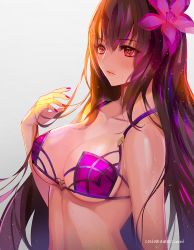 Rule 34 | 10s, 1girl, 2016, arm at side, astarone, bikini, breasts, cleavage, closed mouth, collarbone, dated, eyebrows, fate/grand order, fate (series), flower, gradient background, grey background, hair flower, hair ornament, heart, large breasts, light particles, long hair, nail polish, pink nails, purple bikini, purple flower, purple hair, red eyes, scathach (fate), scathach (fate/grand order), scathach (swimsuit assassin) (fate), solo, string bikini, swimsuit, twitter username, underboob, wet