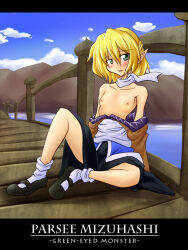 1girl black_skirt blonde_hair blue_sky blush breasts bridge brown_shirt character_name cloud commentary_request day full_body green_eyes hair_between_eyes half_updo long_bangs looking_at_viewer mizuhashi_parsee nipples outdoors pointy_ears railing regls sash shirt short_hair short_sleeves sitting skirt sky small_breasts solo topless touhou white_sash