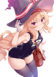 Rule 34 | 1girl, bag, blonde hair, cle masahiro, gloves, hairband, hat, highres, leaning forward, little witch nobeta, long hair, looking at viewer, name tag, nobeta, red eyes, school swimsuit, simple background, solo, swimsuit, thighhighs, white background, witch hat