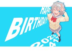 Rule 34 | 1girl, black socks, blue background, blue eyes, bow, bowtie, brown footwear, commentary, dated, english text, full body, grey hair, grey sailor collar, grey skirt, happy birthday, highres, jiguang haibao, kneehighs, legs apart, looking at viewer, love live!, love live! sunshine!!, one eye closed, open mouth, pleated skirt, red bow, red bowtie, sailor collar, salute, school uniform, serafuku, shirt, short hair, skirt, smile, socks, solo, standing, two-tone background, watanabe you, white background, yellow shirt