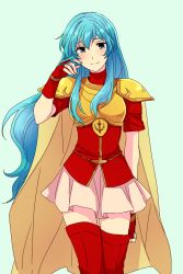 Rule 34 | 1girl, 31sgic, aqua eyes, aqua hair, armor, blouse, blue background, blush, boots, breastplate, cape, cowboy shot, eirika (fire emblem), fingerless gloves, fire emblem, fire emblem: the sacred stones, gloves, hair between eyes, hand in own hair, highres, looking at viewer, miniskirt, nintendo, red gloves, red thighhighs, shirt, simple background, sketch, skirt, smile, solo, thigh boots, thighhighs, turtleneck, zettai ryouiki