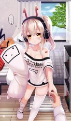 Rule 34 | ..., 1boy, 1girl, :&lt;, ayanami (azur lane), ayanami (niconico) (azur lane), azur lane, bandaid, bandaid on face, bare shoulders, bed, bedroom, blush, bookshelf, breasts, clothes writing, collarbone, commander (azur lane), dakimakura (object), headphones, heart, highres, holding hands, long hair, looking at viewer, medium breasts, no bra, oversized clothes, pillow, ponytail, pov, reaching, reaching towards viewer, robot ears, shiira (nya rl), shirt, side ponytail, silver hair, slippers, spoken ellipsis, spoken heart, standing, t-shirt, thighhighs, thighhighs pull, thought bubble, walking, white thighhighs, window, yellow eyes