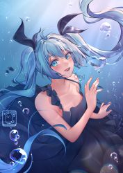 Rule 34 | 1girl, air bubble, artist name, bare arms, black bow, black dress, blue eyes, blue hair, blue theme, bow, breasts, bubble, caustics, chikenryice, collarbone, colored eyelashes, dress, eyelashes, fingernails, fish, hair between eyes, hair bow, hands up, hatsune miku, head tilt, heart bubbles, highres, lens flare, light blush, light rays, light smile, lips, long hair, looking at viewer, parted lips, shinkai shoujo (vocaloid), sleeveless, sleeveless dress, small breasts, solo, spaghetti strap, teeth, twintails, underwater, upper teeth only, very long hair, vocaloid