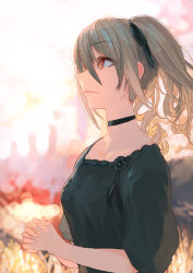 Rule 34 | 1girl, black choker, black dress, black flower, blurry, blurry background, breasts, brown hair, choker, commentary request, dress, drill hair, flower, from side, hair ornament, idolmaster, idolmaster cinderella girls, kanzaki ranko, long hair, medium breasts, own hands clasped, own hands together, pointy nose, red eyes, sawarakajin, smile, solo, standing, twintails