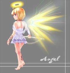 Rule 34 | angel, angel (monster girl encyclopedia), bare back, barefoot, blonde hair, blue eyes, child, halo, k20, looking back, monster girl, monster girl encyclopedia, wings