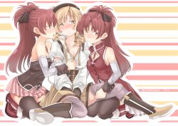 Rule 34 | 10s, 3girls, bare shoulders, blonde hair, blush, breasts, cleavage, clone, drill hair, girl sandwich, long hair, magical girl, mahou shoujo madoka magica, mahou shoujo madoka magica (anime), medium breasts, multiple girls, ponytail, red hair, rosso fantasma, sakura kyoko, sandwiched, small breasts, striped, striped background, takeshisu, thighhighs, tomoe mami, twin drills, twintails, undressing, yuri
