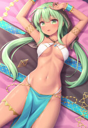 Rule 34 | 1girl, armlet, armpits, arms up, bare shoulders, bed, bikini, bikini top only, bracelet, breasts, criss-cross halter, dancer, dark-skinned female, dark skin, gold trim, green eyes, green hair, halterneck, highres, jewelry, long hair, looking at viewer, low twintails, lying, medium breasts, midriff, navel, no panties, on back, on bed, open mouth, original, pelvic curtain, revealing clothes, sasaame, smile, solo, stomach, swimsuit, thighlet, thighs, twintails, veil, white bikini