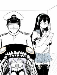 Rule 34 | 10s, 1boy, 2girls, abyssal ship, admiral (kancolle), black hair, glasses, grin, hat, kantai collection, long hair, military, military uniform, multiple girls, ooyodo (kancolle), peaked cap, rape face, shaded face, skirt, smile, sweatdrop, thighhighs, uniform, wo-class aircraft carrier, y.ssanoha, you gonna get raped