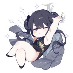 Rule 34 | 1girl, arms up, black dress, black footwear, black hair, blue archive, blush, chibi, china dress, chinese clothes, closed mouth, coat, crossed legs, double bun, dragon print, dress, grey coat, grey eyes, hair bun, halo, highres, hufy, kisaki (blue archive), long hair, looking at viewer, one eye closed, simple background, sleeveless, sleeveless dress, solo, very long hair, white background