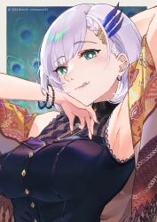 Rule 34 | 1girl, braid, braided bangs, breasts, crop top, cropped shirt, earrings, feather hair ornament, feathers, green nails, grey hair, hair behind ear, hair ornament, highres, hololive, hololive indonesia, jewelry, large breasts, looking at viewer, mimi n, mismatched earrings, official alternate costume, official alternate hair length, official alternate hairstyle, pavolia reine, pavolia reine (street), print shawl, shawl, shirt, short hair, sleeveless, smile, solo, virtual youtuber, yellow shawl