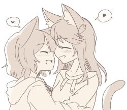 Rule 34 | 2girls, alt text, animal ears, cat ears, cat tail, closed eyes, commentary, cuddling, flat color, heart, highres, hood, hoodie, merryhime, multiple girls, muted color, open mouth, original, short hair, sketch, spoken heart, tail, white background, yuri