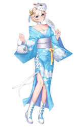 Rule 34 | 1boy, androgynous, ban! (bansankan), blonde hair, blue kimono, crossdressing, full body, highres, homare nao, japanese clothes, kimono, lilith-soft, lips, looking at viewer, mask, mask on head, shiny skin, short hair, simple background, smile, solo, taimanin (series), taimanin rpgx, trap, white background