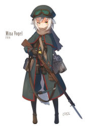 Rule 34 | 1916, 1girl, absurdres, animal ears, bag, binoculars, black capelet, black coat, black footwear, black gloves, black hat, black pants, blush, bolt action, boots, cabbie hat, capelet, character name, closed mouth, coat, coreytaiyo, dated, full body, gloves, goggles, goggles on headwear, grey hair, gun, hat, highres, holding, holding gun, holding weapon, knee boots, long sleeves, looking at viewer, military, military uniform, original, pants, pants tucked in, puffy pants, rifle, signature, simple background, solo, uniform, weapon, weapon request, white background, yellow eyes