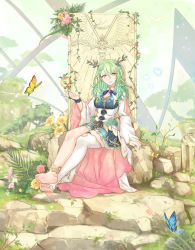 Rule 34 | absurdres, antlers, barefoot, bug, butterfly, ceres fauna, crossed ankles, feet, flower, forest, green hair, hair flower, hair ornament, highres, hololive, hololive english, horns, insect, leggings, legs, long skirt, miniskirt, nature, rock, skirt, soles, sphelon8565, virtual youtuber