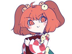 Rule 34 | 1girl, apron, blush, chahan (fried rice0614), checkered clothes, checkered kimono, closed mouth, hair bobbles, hair ornament, japanese clothes, kimono, long sleeves, motoori kosuzu, red eyes, red hair, short hair, simple background, smile, solo, touhou, two side up, upper body, white background, wide sleeves, yellow apron