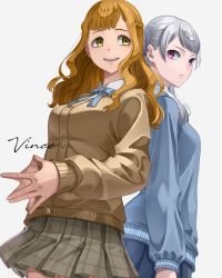 Rule 34 | back-to-back, black clover, blue cardigan, blue ribbon, blue skirt, braid, brown cardigan, brown skirt, cardigan, contemporary, cowboy shot, grey hair, hair ribbon, highres, long hair, long sleeves, looking at another, mimosa vermillion, noelle silva, open mouth, orange hair, own hands together, parted lips, pleated skirt, prayudi555, purple eyes, ribbon, school uniform, signature, simple background, skirt, smile, standing, steepled fingers, twintails, yellow eyes