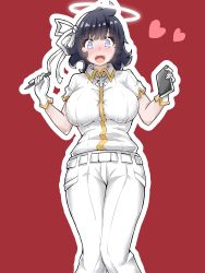 Rule 34 | 1girl, :d, absurdres, azazel (helltaker), bad id, bad pixiv id, belt, black hair, blue eyes, blush, breasts, cross, cross necklace, gloves, hair ribbon, halo, heart, helltaker, highres, holding, holding pen, holding pencil, jewelry, large breasts, looking at viewer, necklace, notebook, open mouth, pants, pen, pencil, physisyoon, red background, ribbon, shirt, short hair, short sleeves, simple background, smile, solo, standing, teeth, white belt, white gloves, white pants, white ribbon, white shirt