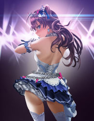 Rule 34 | 1girl, ahoge, ass, backlighting, bare shoulders, blue eyes, blush, breasts, contrapposto, cowboy shot, dress, earrings, from behind, gloves, halterneck, hamedoragon, ichinose shiki, idolmaster, idolmaster cinderella girls, idolmaster cinderella girls starlight stage, jewelry, long hair, looking at viewer, medium breasts, smile, solo, stage lights, starry sky bright, thighhighs, tiara, wavy hair, white gloves