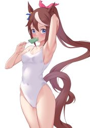 Rule 34 | 1girl, animal ears, arm behind head, arm up, armpits, bare arms, bare shoulders, blue eyes, brown hair, collarbone, commentary request, covered navel, food, hair ribbon, highres, holding, holding food, horse ears, horse girl, horse tail, jilu, long hair, multicolored hair, one-piece swimsuit, pink ribbon, ponytail, popsicle, ribbon, simple background, solo, streaked hair, swimsuit, tail, tokai teio (umamusume), umamusume, very long hair, white background, white hair, white one-piece swimsuit