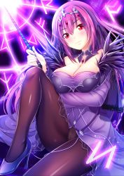 Rule 34 | 1girl, arm under breasts, blush, breasts, cameltoe, cleavage, dark background, dress, fate/grand order, fate (series), fur trim, hair between eyes, high heels, holding, holding wand, izumi akane, jewelry, knee up, large breasts, long hair, looking at viewer, panties, panties under pantyhose, pantyhose, pantyshot, purple dress, purple hair, red eyes, runes, scathach (fate), scathach skadi (fate), sitting, smile, solo, tiara, underwear, wand