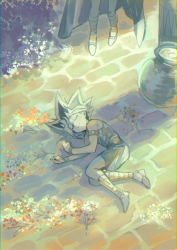 Rule 34 | 2boys, armlet, atem, black hair, bracelet, cape, closed eyes, closed mouth, commentary request, dyed bangs, from above, fushitasu, hair between eyes, jewelry, lying, male focus, multicolored hair, multiple boys, muto yugi, on side, pot, shoes, sleeping, smile, spiked hair, standing, stone floor, yu-gi-oh!, yu-gi-oh! duel monsters