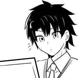Rule 34 | ^^^, 1boy, absurdres, close-up, computer, fate/grand order, fate (series), fujimaru ritsuka (male), greyscale, highres, laptop, male focus, mkon, monochrome, reading, simple background, solo, white background