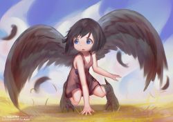 Rule 34 | 1girl, aerie xero, artist name, black hair, blue eyes, child, commission, day, dress, echa4797, feathered wings, feathers, female focus, full body, grass, harpy, highres, monster girl, original, outdoors, short hair, solo, tareme, wings