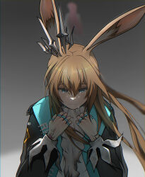 1girl absurdres amiya_(arknights) amiya_(medic)_(arknights) animal_ears aqua_eyes arknights black_background black_jacket brown_hair closed_mouth commentary crying crying_with_eyes_open floating_hair gradient_background grey_background hair_between_eyes highres jacket jewelry long_hair long_sleeves looking_down material_growth oripathy_lesion_(arknights) renn7 ring sad solo tears upper_body