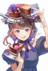 Rule 34 | 1girl, arm up, black ribbon, black shirt, broken plate, brown hair, cake, cake slice, cherico, cherry, cherry blossoms, chin strap, closed mouth, earrings, flower, flower earrings, food, frilled shirt, frills, fruit, gloves, hair net, hand up, highres, holding, holding plate, jewelry, knife, licking lips, looking at viewer, object on head, off-shoulder shirt, off shoulder, original, pink flower, plate, puffy short sleeves, puffy sleeves, purple eyes, purple flower, purple ribbon, ribbon, see-through, see-through gloves, shards, shirt, short hair with long locks, short sleeves, sidelocks, signature, simple background, solo, straight-on, tongue, tongue out, upper body, white background, white gloves