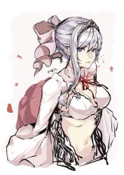 Rule 34 | 1girl, armor, bow, bra, cropped jacket, debuff999, flower, grey eyes, hair bow, happy, highres, looking at viewer, navel, parted lips, petals, rose, sidelocks, simple background, sinoalice, skirt, snow white (sinoalice), solo, tiara, underwear, white background, white hair