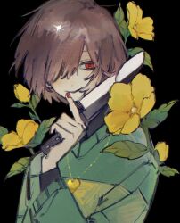 Rule 34 | 1other, brown hair, chara (undertale), commentary, flower, hair over one eye, holding, holding knife, jewelry, knife, long sleeves, nail polish, necklace, red eyes, short hair, smile, solo, sweater, takenaka (takenaka1111), undertale, upper body
