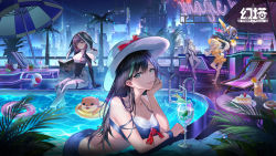 Rule 34 | 1boy, 3girls, arched back, artist request, bar (place), bare shoulders, bikini, black hair, blue bikini, breasts, cake, cheek rest, city lights, cityscape, coat, food, gradient hair, green eyes, hand up, hat, highres, hood, large breasts, lin (tower of fantasy), long hair, looking at viewer, lyra (tower of fantasy), multicolored hair, multiple girls, night, official art, open mouth, outdoors, pool, ruby (tower of fantasy), sitting, smile, strawberry shortcake, streaked hair, string bikini, sun hat, swimsuit, tian lang (tower of fantasy), tower of fantasy, water, white coat, white hair, wristband